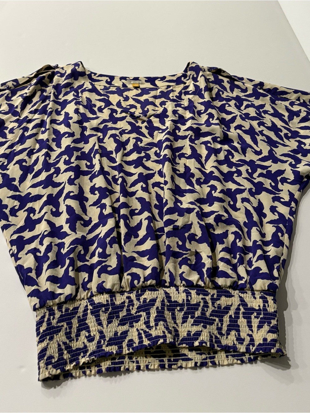 Women’s blue and cream abstract Print Blouse / Top 100% silk, size 8